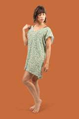 100% silk mini kaftan dress in kelly green pattern