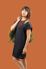 100% cotton mini kaftan navy coverup on model