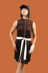 Women's golfer in sustainably made in USA golf dress in dark brown color