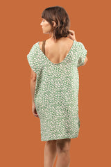 100% silk mini kaftan dress in kelly green pattern