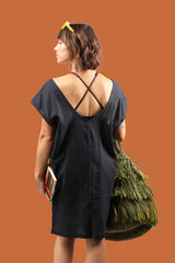 100% cotton mini kaftan navy coverup on model