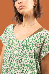 100% silk mini kaftan kelly green colored dress on model